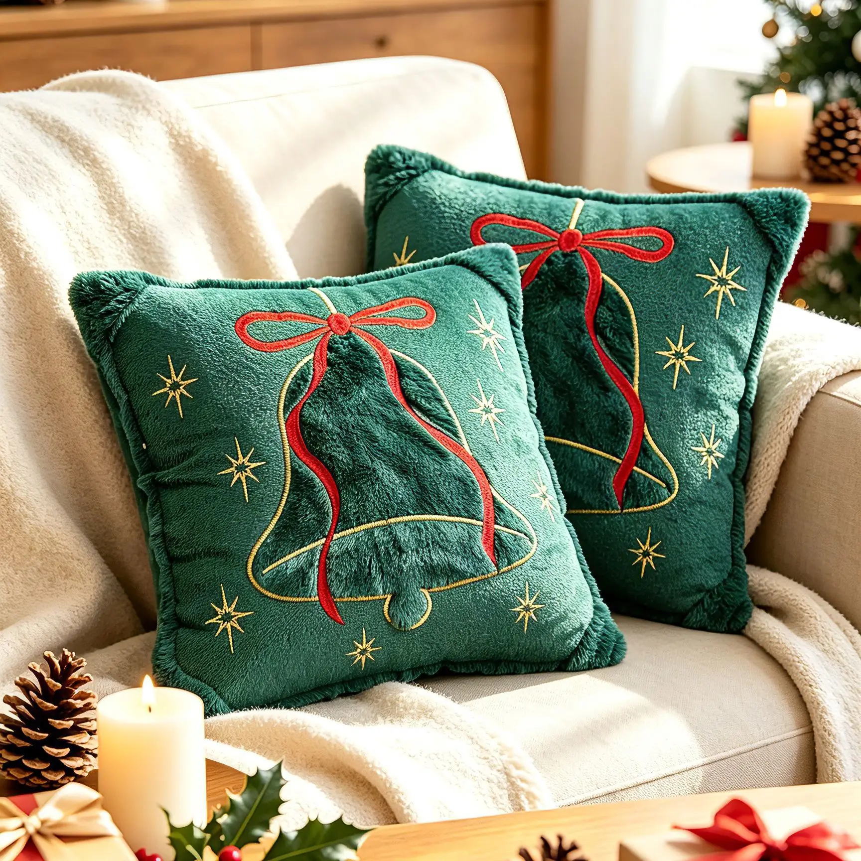 Weihnachtlicher grüner Kissenbezug mit gestickten Schneeglocken und Schleifen, Sofadekoration, Kissenbezug, Kopfteil-Kissenhülle – Detail 5