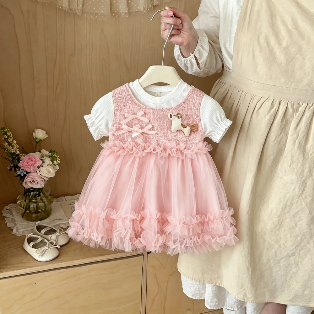Baby Dress Summer Bowknot Cartoon Mesh Short-Sleeved Girls' Dress Cute Princess Birthday Party Baby Girl Dress Baby Girl Clothin