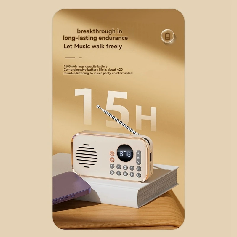 B34B-Portable FM Radio Rechargeable Small Wireless Bluetooth Speaker Surround Stereo Sound USB Vintage Radios