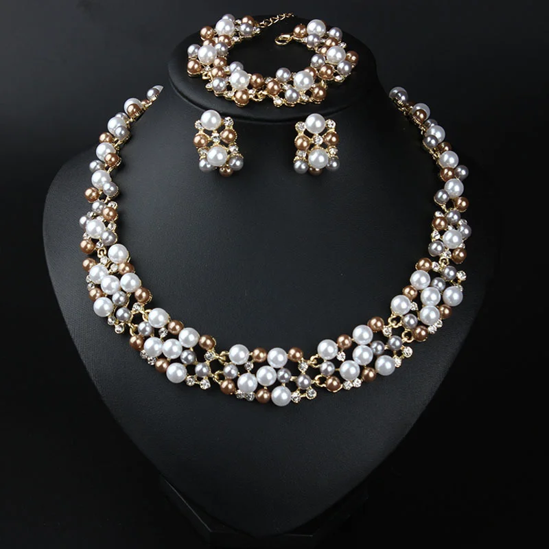 

Fashion pearl necklace, bracelet and earrings set - short collar women's formal dress accessories