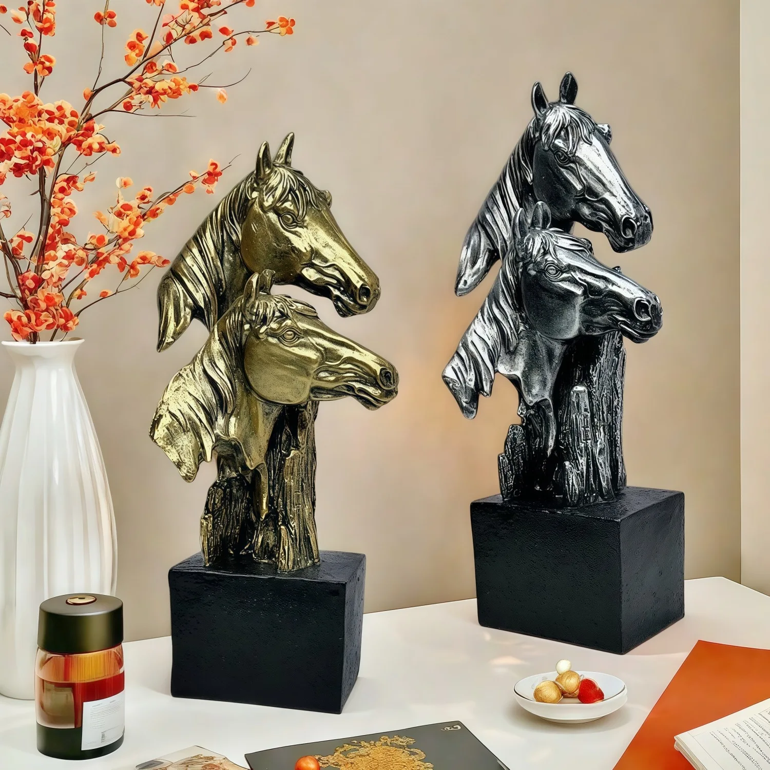Resin Craft Ideas - Estátua de cabeça de cavalo dupla,