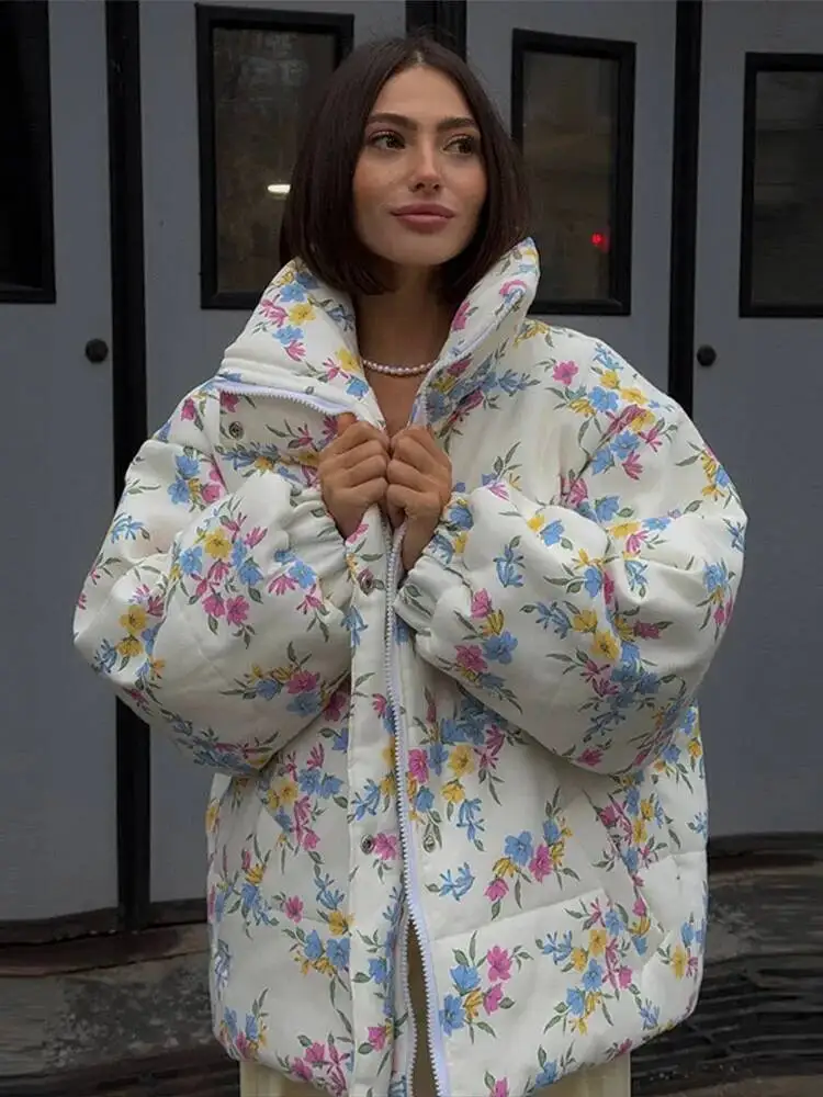 Elegant Print Cotton-Padded For Women Loose Stand Neck Full Sleeve Zipper Jackets 2025 Winter Female Sweet Outerwear