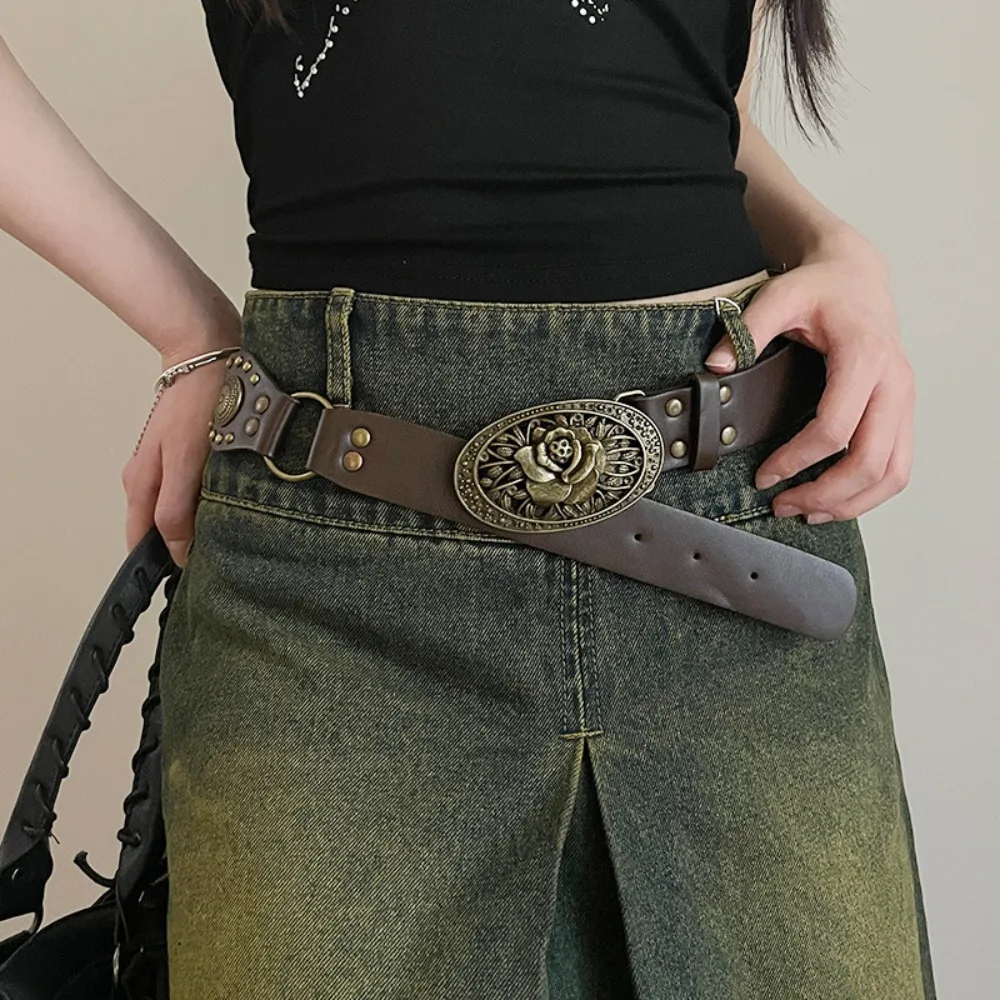 Adjustable Alloy Coffee PU Belt Jeans Decor Y2K Retro Ethnic Belt Punk Strap Buckle Wide Brown Waistband Skirt Suit Decoration