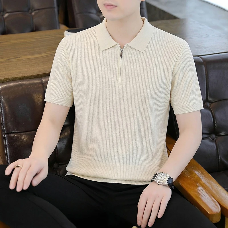 Solid Striped Zipper Men's Polo Shirts Short Sleeve Smart Casual Summer Quality Viscose Blends Knitted Elastic Camisas Masculina