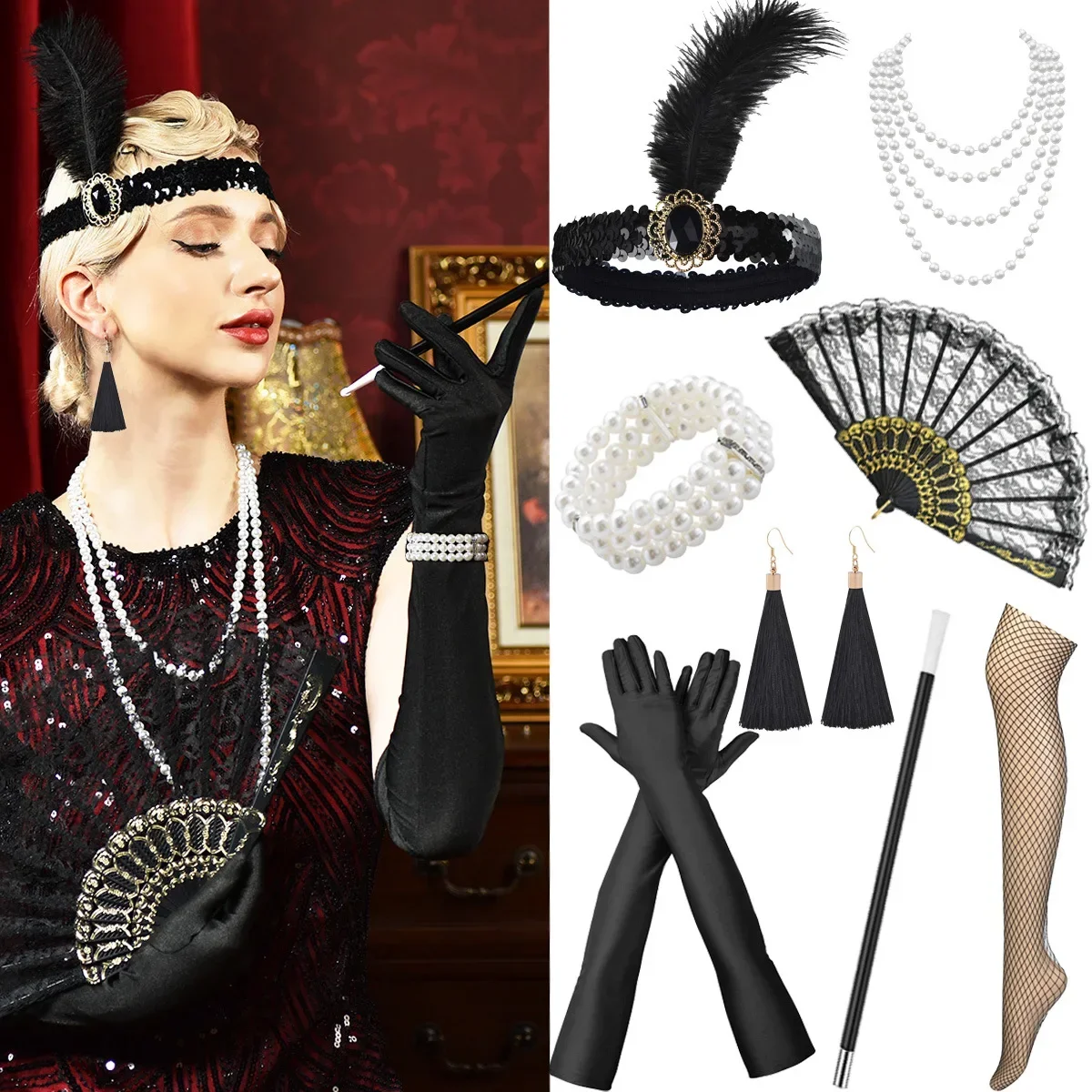 1920s flapper gatsby festa bandana longo luvas pretas colar de pérolas brincos conjunto de jóias titular cigarro acessórios traje