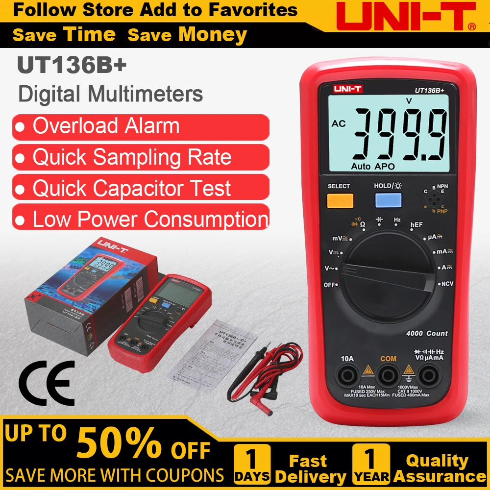 UNI-T UT136B+ Digital Multimeter Large LCD Dual Display 1000V 10A AC DC Voltmeter Current Test Meter