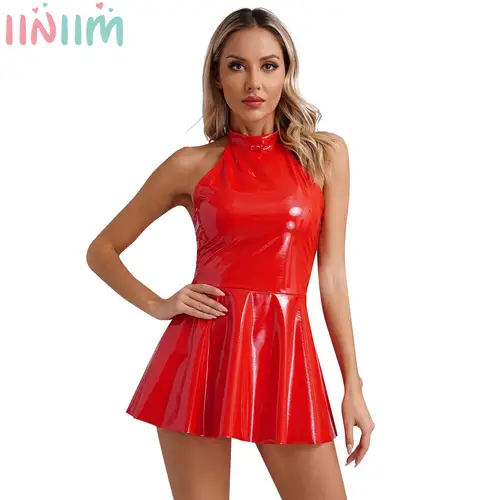 Imagen 1 del producto Minivestido patinador brillante de charol para mujer, lencería ajustada con espalda descubierta y cuello Halter, vestidos acampanados, ropa de fiesta Rave Disco Clubwear