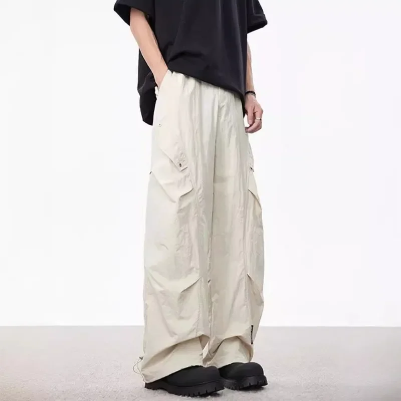 American Pleated Overalls Men's Summer Thin Design Pants Small Sag Wide Leg Ice Silk Quick Drying Paratrooper Pants