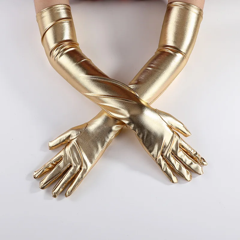 Gold Silver Fake Leather Metallic Long Gloves Evening Party Performance Mittens Women Sexy Elbow Length Cosplay Gloves T138