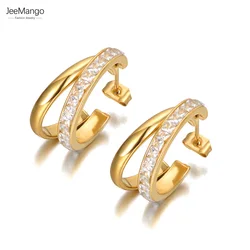 JeeMango Fashion Titanium Stainless Steel CZ Crystal Earrings Gold Plated Geometry Circle Earrings Jewelry For Women JE21011
