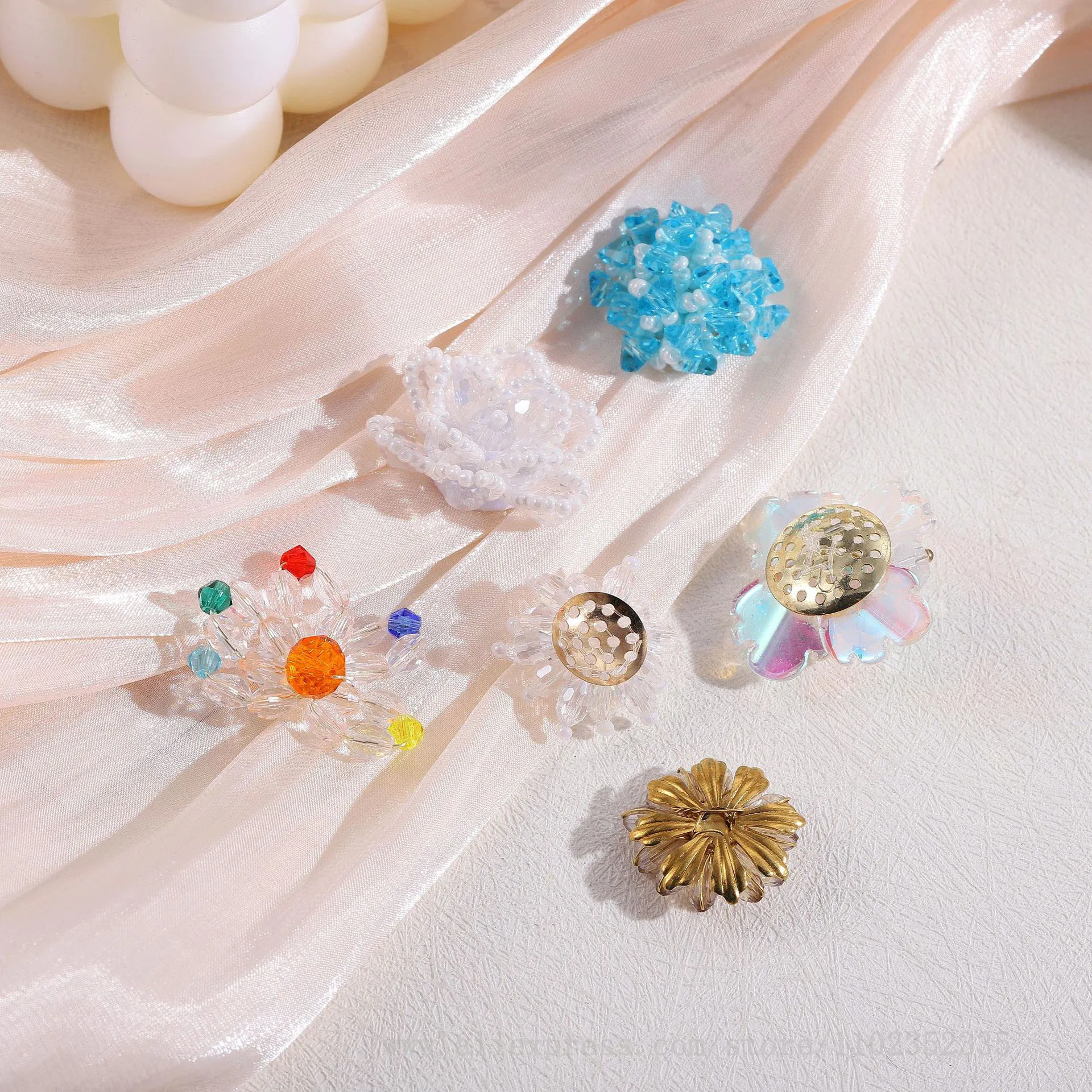 10pcs/ Bag  Double layer pearl crystal flower DIY hand woven bead hair clip accessory