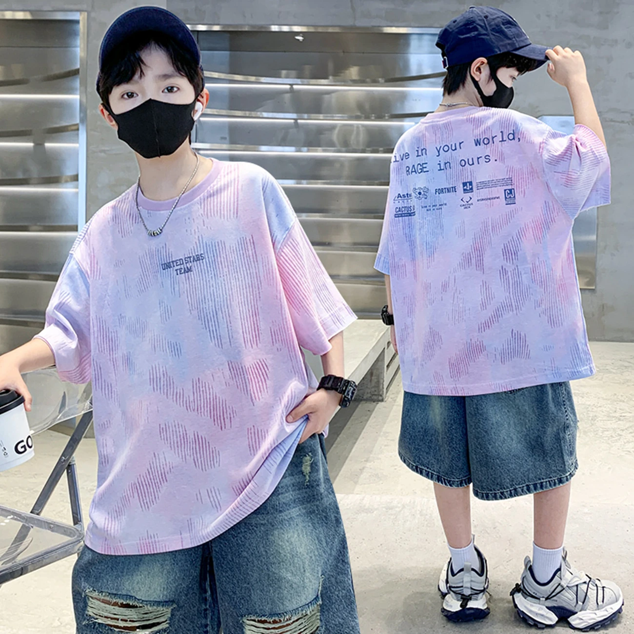 New Summer Young Boys Tie-Dye Clothes Streetwear Print T-shirt Short Sleeve Tops Tees Boys Cotton Tshirts School Clothes 5-15 Y