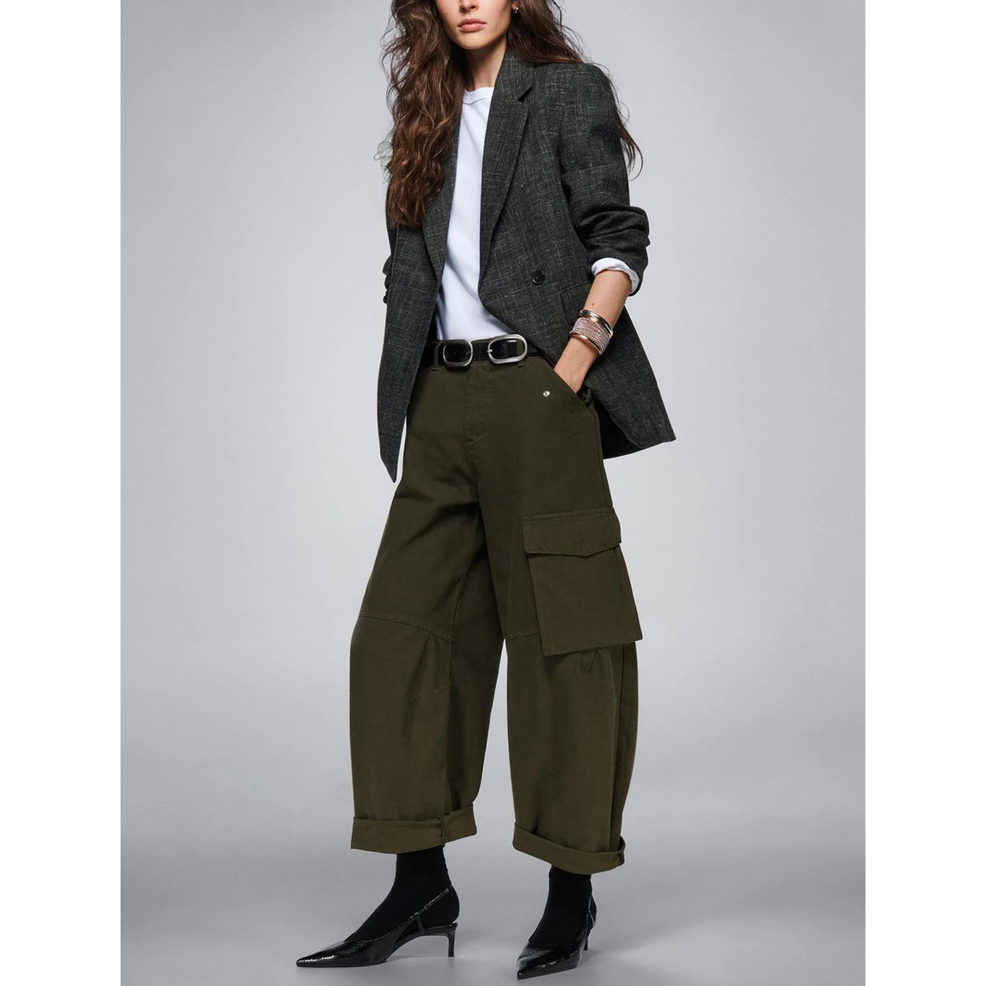 Winter New Women's Faion Design Long Mid-Waist Workwear Pants with Flip-Cover kets French Sle Casual Polyester Fiber
