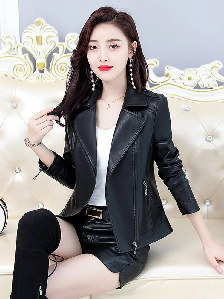 Slim Fit Leather Biker Jacket Women's Coat Short Style Suit Collar Black Color Enhancing Slimming Effect Spring Autumn New Ar...
