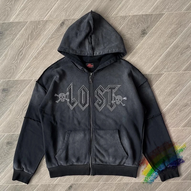 Cardigan Lost intricacy Lavender Zip Up Patchwork Hoodie Men Women Vintage Black Diamond Inlaid Skull Logo Oversize Hooded