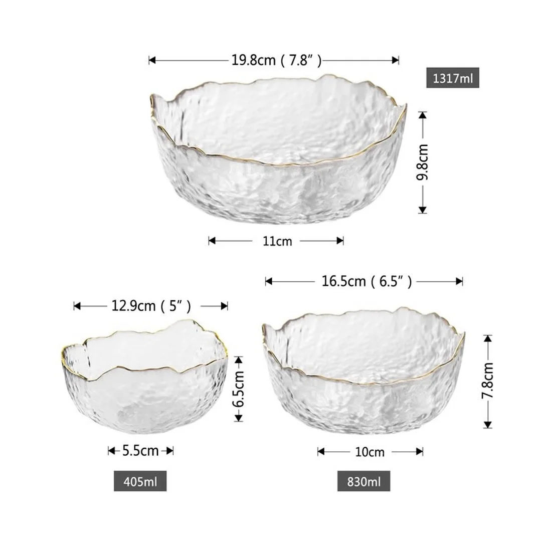 Transparent Salad Bowl with Gold Rim, Crystal Glass Bowl, Rice  Storage Container, Tableware Set, Snack and Dessert Bowls