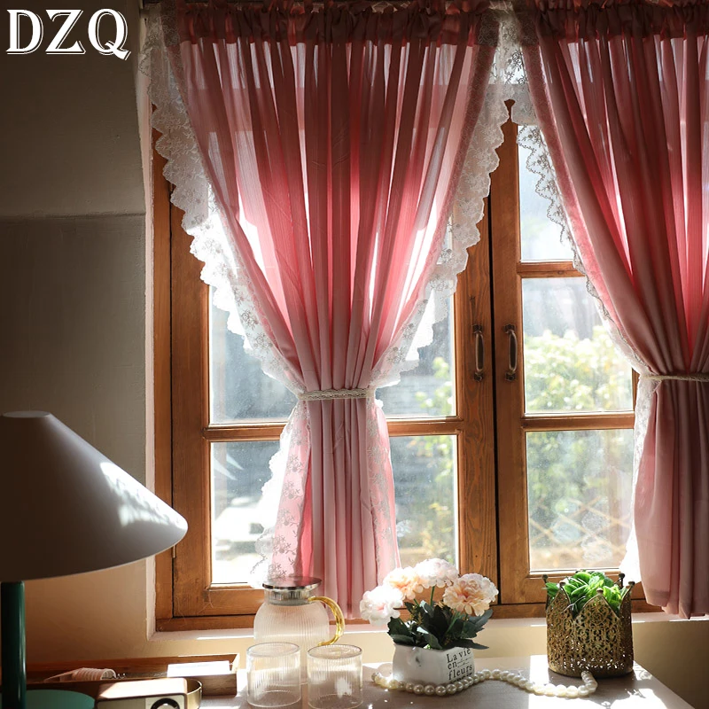 

Idyllic Pink Lace Window Tulle Curtain Living Room Ruffled Rural Gauze Door Curtain for Kitchen Bedroom #A234