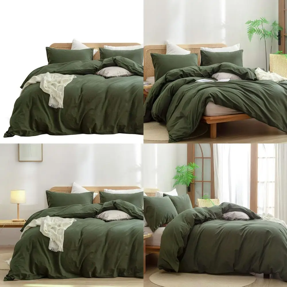 

Duvet Cover Set 100% Washed Cotton Linen Feel Super Soft Comfortable Chic Lightweight 3 PCs Home Bedding Set Olive Green King