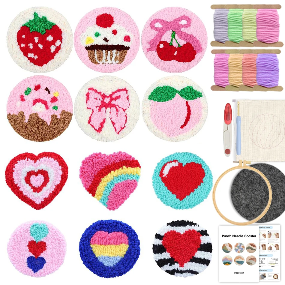 6PCS Punch Needle Coaster Kit for Beginners Adults Easy DIY Embroidery Set Cake Patterns Drink Coasters for Coffee Table