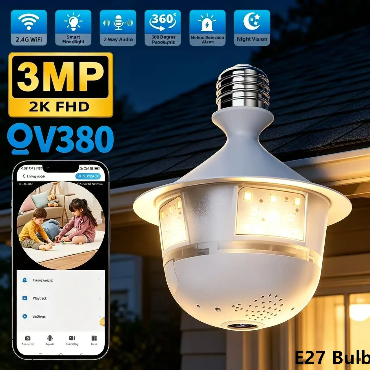 V380 Pro Security Camera 3MP Wifi Spotlight Camera Full Color Night Vision Human Detection IP Camera Video Surveillance E27 Bulb