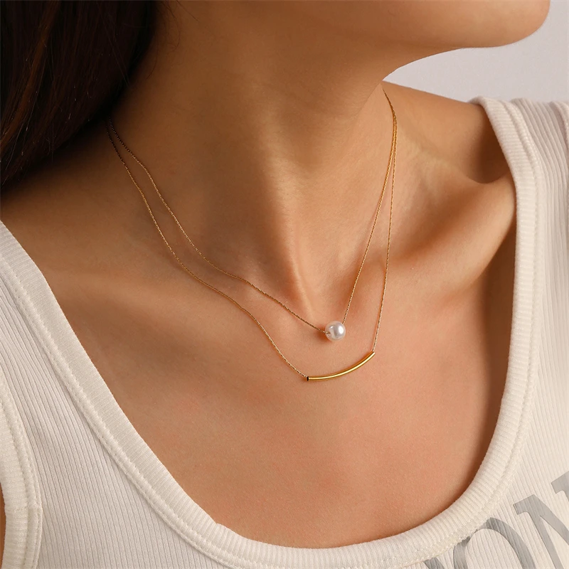 Kuziduocai Statement 316L Stainless Steel 2025 New Fashion Jewelry Pearl Arc-shaped Tube Charm Chain Necklaces Pendant For Women