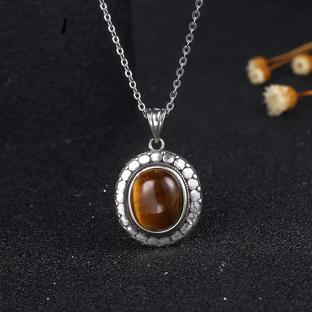 

925 Sterling Silver Oval Natural Tiger Eye Pendant Necklace for Women Simple Charm Chain Anniversary Gift Jewelry Wholesale