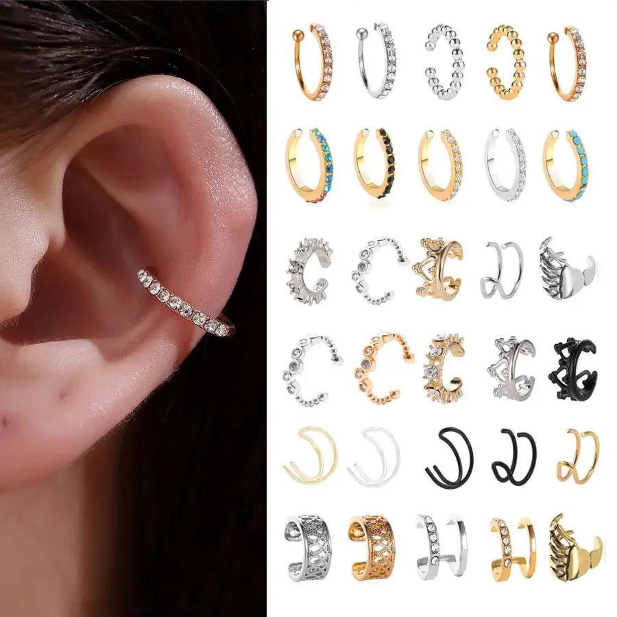 Anting Klip Kristal Korea untuk Wanita Anting Zirkon Tanpa Lubang Perhiasan Anting Palsu Telinga Tunggal Klip Tulang Anting Kolczyki