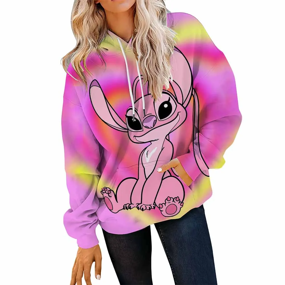 Bluza damska z nadrukiem Disney Stitch, okrągły dekolt, miękki sweter, styl hip-hop, streetwear, luźny krój, casual, Y2K, odzież sportowa. ﻿