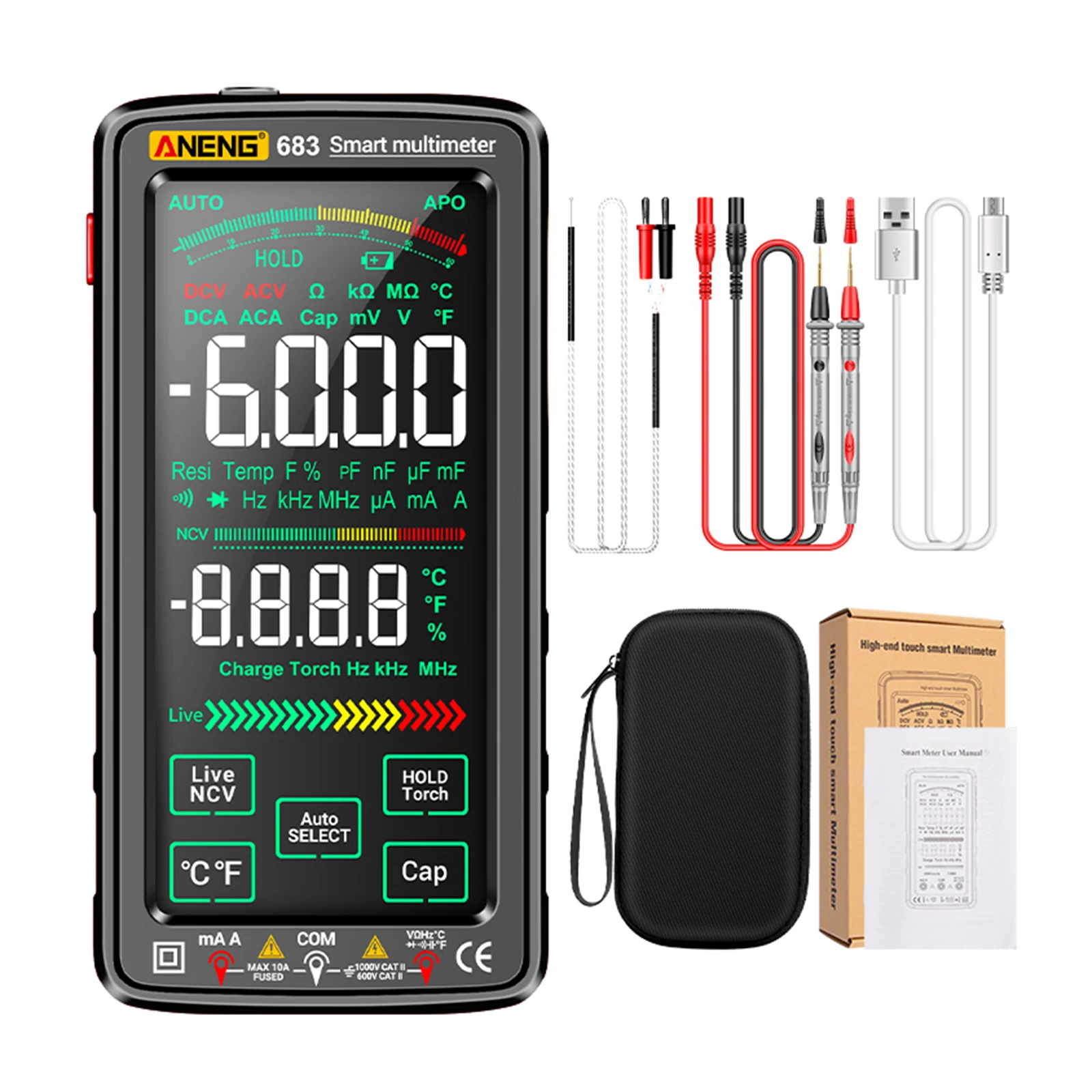 ANENG 683 6000 Counts Digital Multimeter Smart Anti-burn Rechargeable Universal Meter VA Reverse Display NCV Tester Flashlight