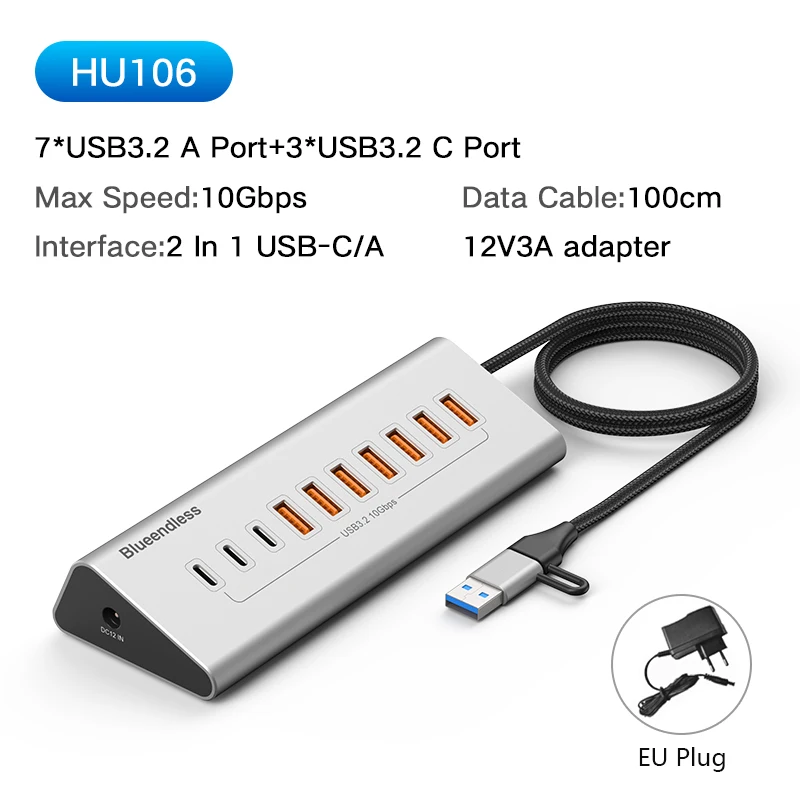 Blueendless Aluminium 10Gbps USB3.2 Gen2 4/10-Port HUB Dockingstation USB-C USB-A Typ C Splitter Adapter für PC Laptop MacBook
