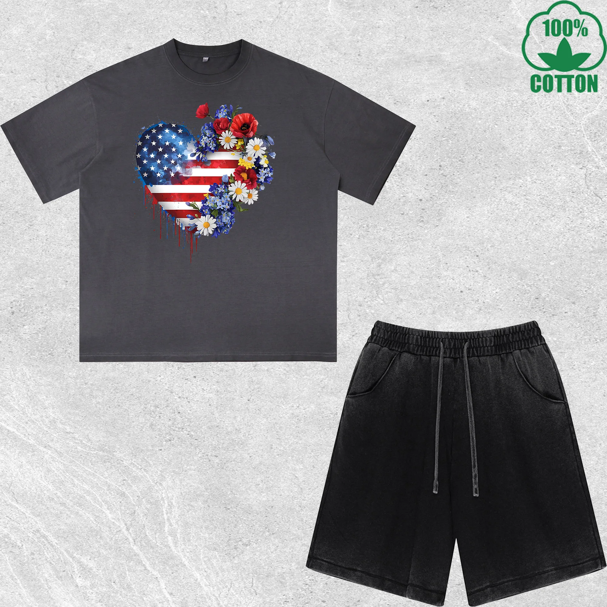 

Love Independence Day Printed Dirty Wash T-Shirt Shorts Set Multicolor Combo Loose Trendy 100%Cotton