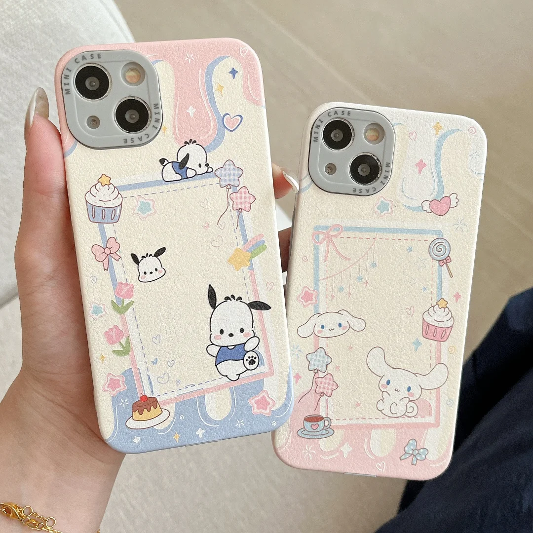 

Kawaii Cinnamoroll Pochacco leather Silicone Phone Case For iPhone 16 15 14 13 12 11 Pro Max XS Plus Shockproof Soft Cover﻿﻿