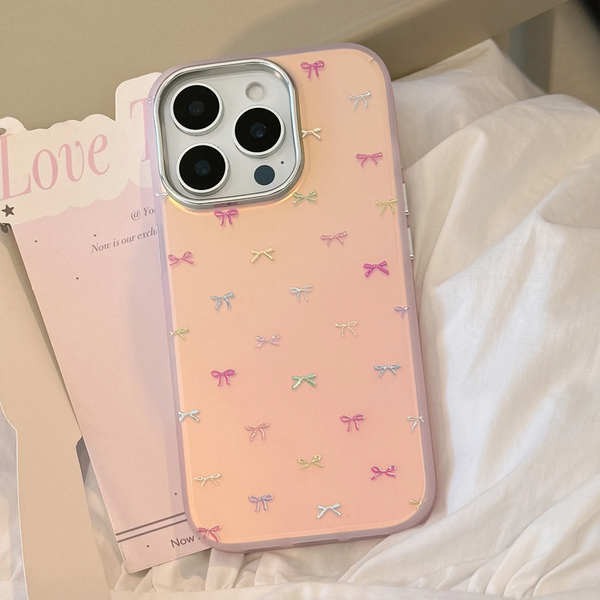 Korean Colorful Bowknot Pattern Laser Plating Phone Case For iPhone 17 16 15 14 13 12 Pro Max Shockproof Protective Hard Cover