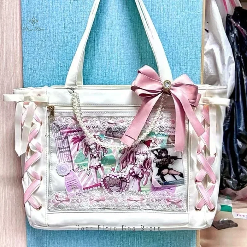 Bolsa Lolita com fita para mulheres sacola de grande capacidade bolsa de ombro estética bolsas transparentes, moda japonesa, mulheres doces, fofas