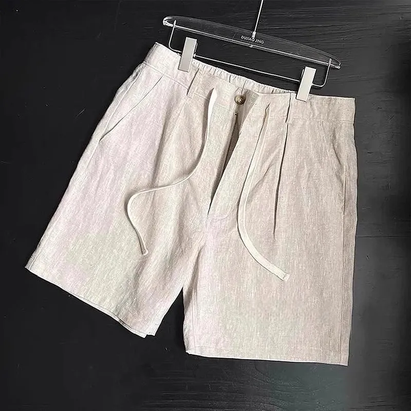 Men's Summer Lightweight Breathable Drawstring Linen Suit Shorts with a High-End Feel, Ice Silk Casual Knee-Length Shorts