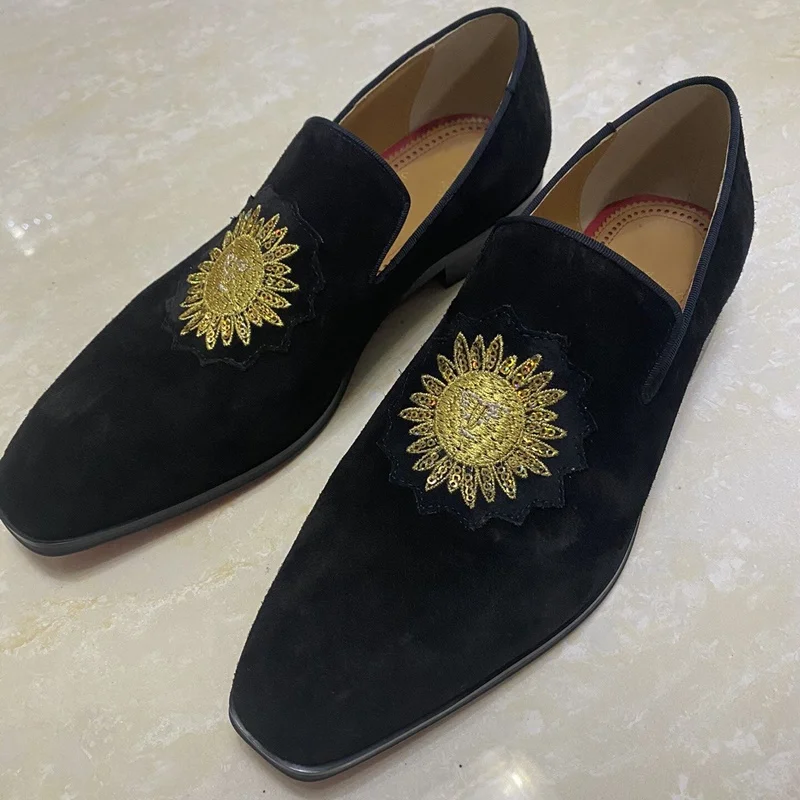 New Black Suede Loafers Luxury Embroideried Sun Slip On Summer Men Casual Shoes Party And Banquet Dress Shoes Free Shipping