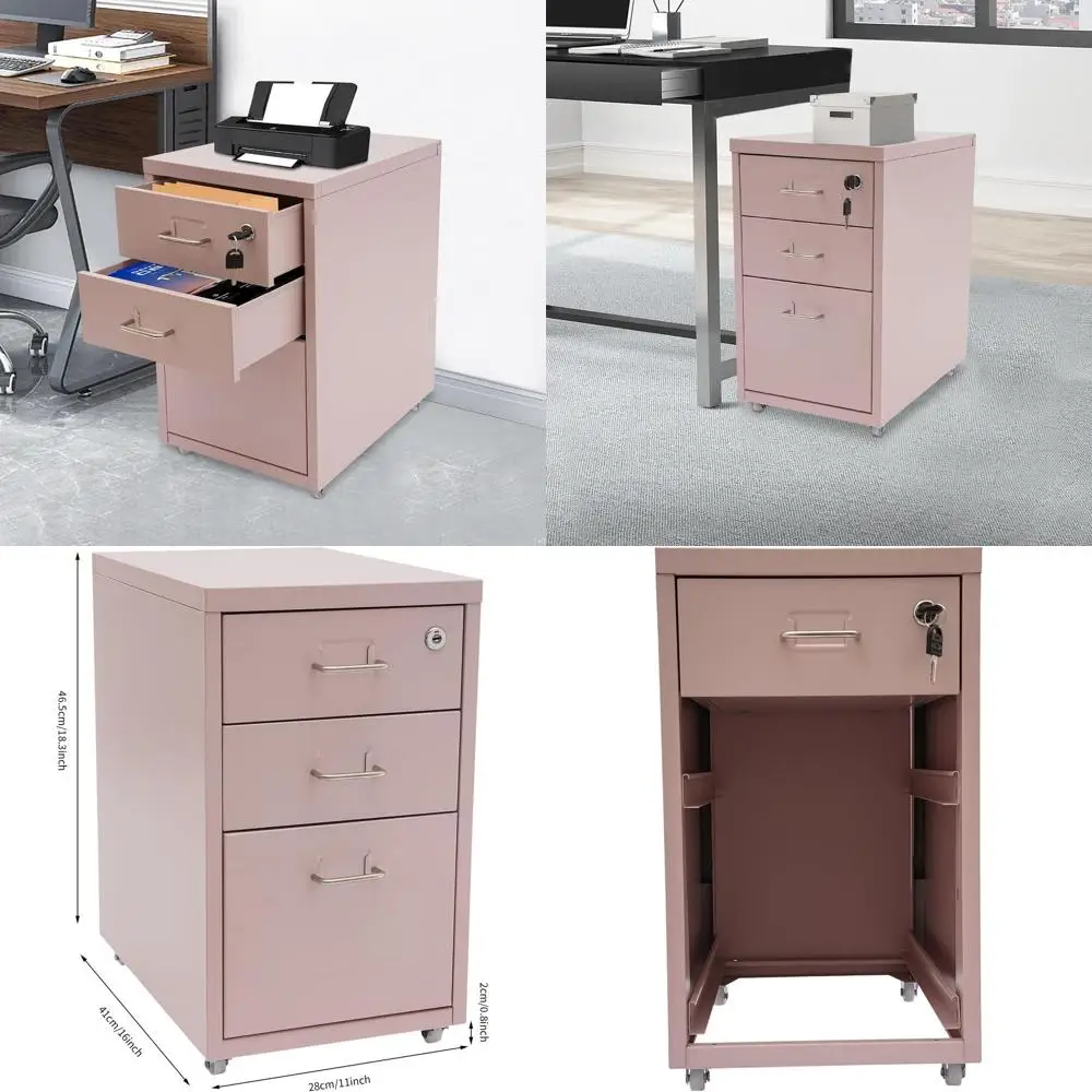 

Мобильный металлический шкаф для документов с 3 ящиками и замком, розовый, для офиса, учебы и хранения, 11x16x18.3 дюйма
