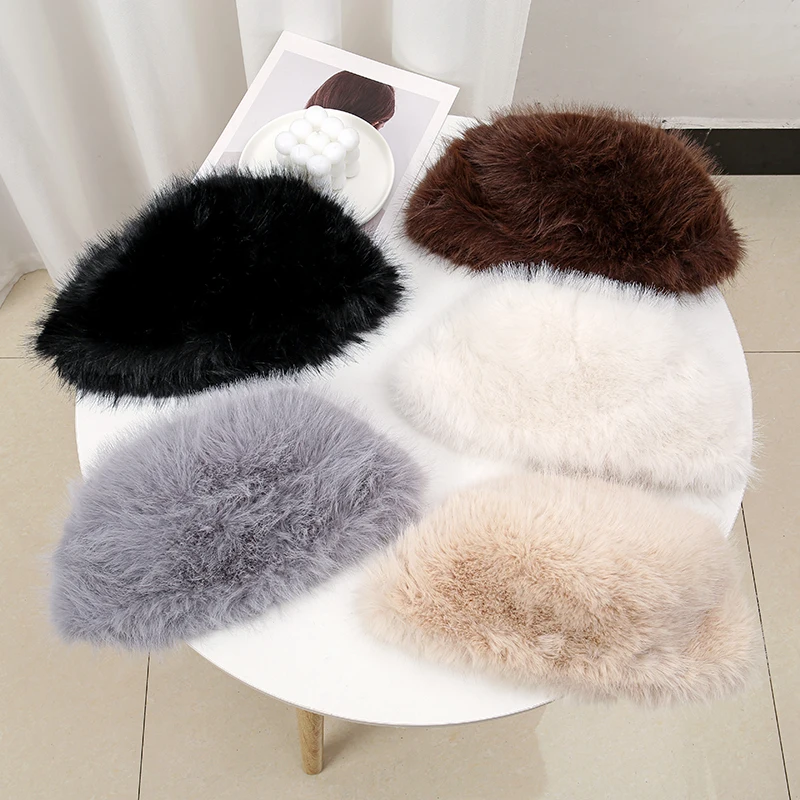 2024 Trendy Faux Fur Hat Solid Color Cap Winter Warm Ear Protectors Hats Head Wrap For Women Fur Caps All-Match Bucket Hats