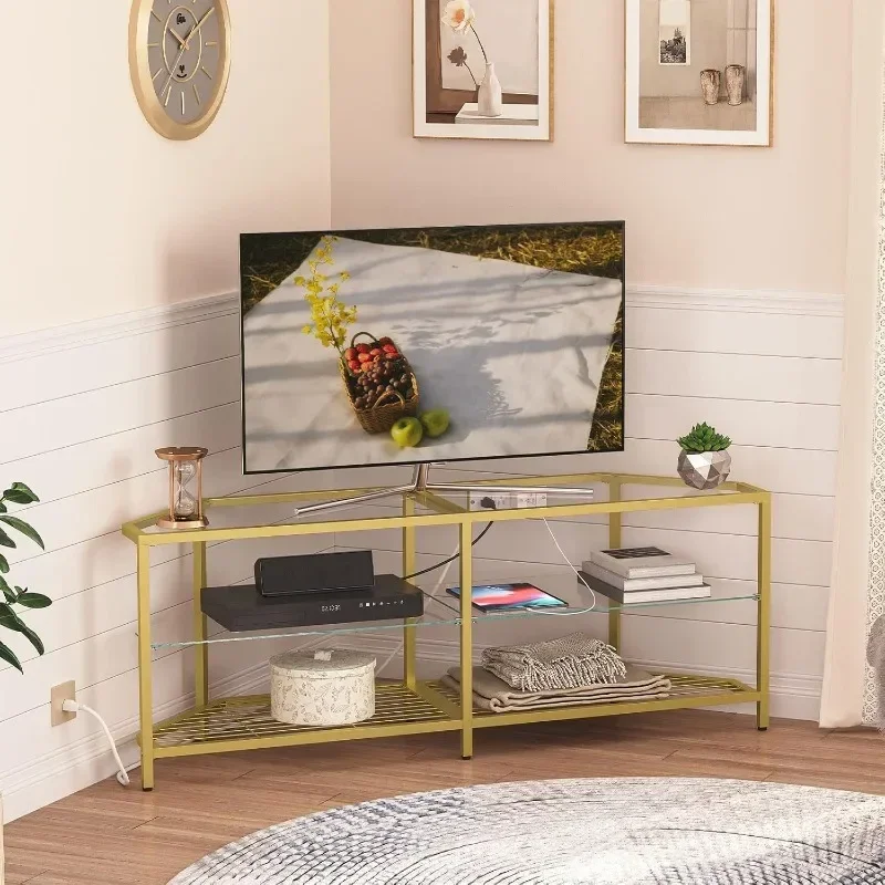 Corner TV Stand with Power Outlet for TVs Up To 60