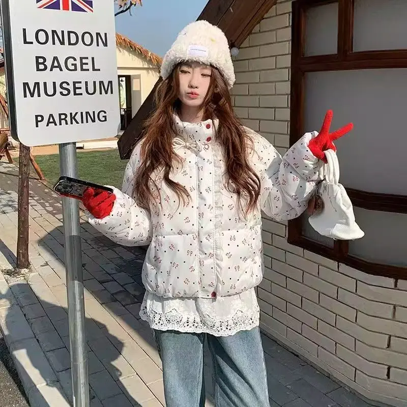 Sweet Wind Japanese Cotton-padded Jacket 2025 Winter Thick Bow Printed Cotton-padded Jacket Short College Wind Coat