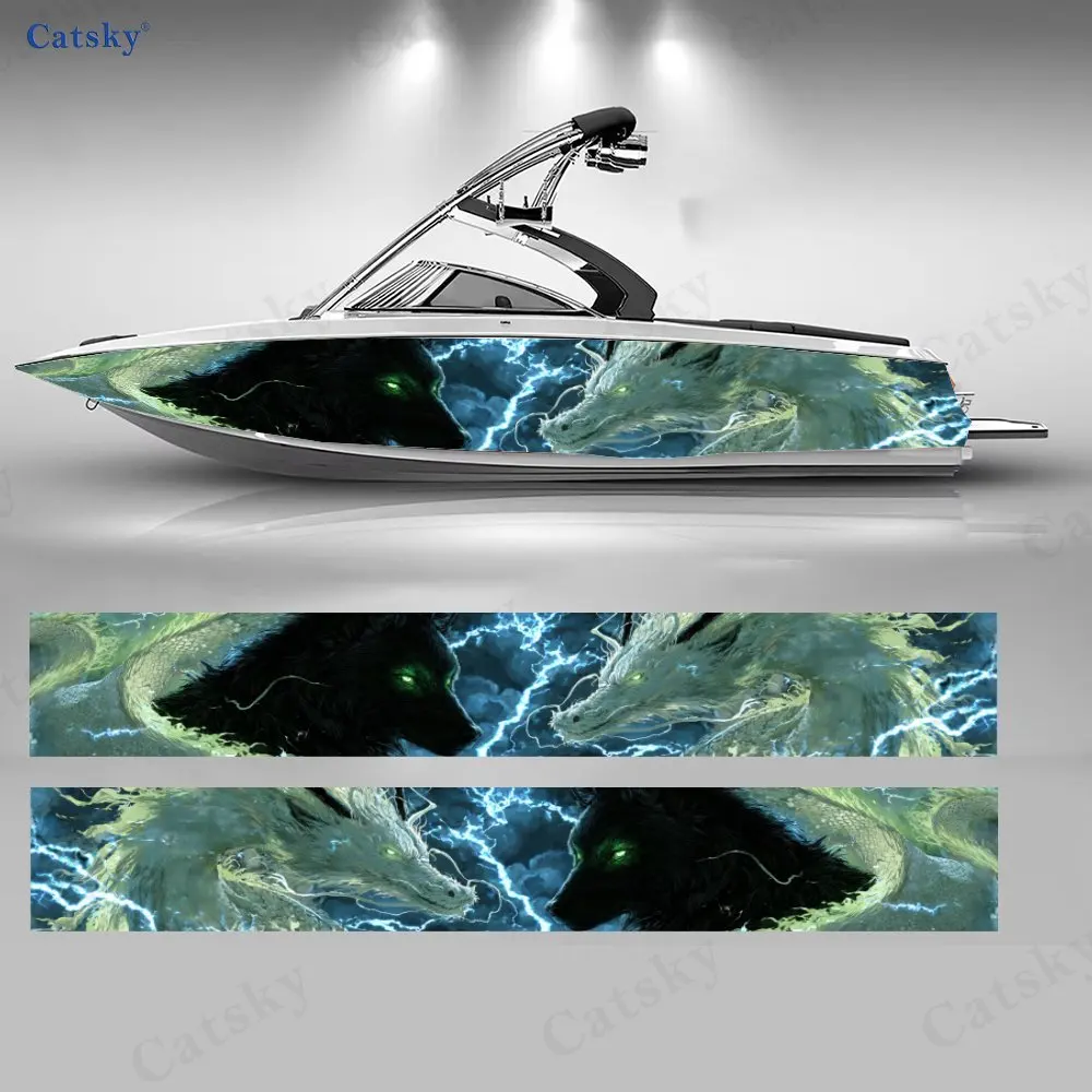 Lightning Twin Wolves Green Shadow Boat Stickers, PVC Waterproof Vinyl Wrap Decals for Fishing Boats, Durable and Stylish Design