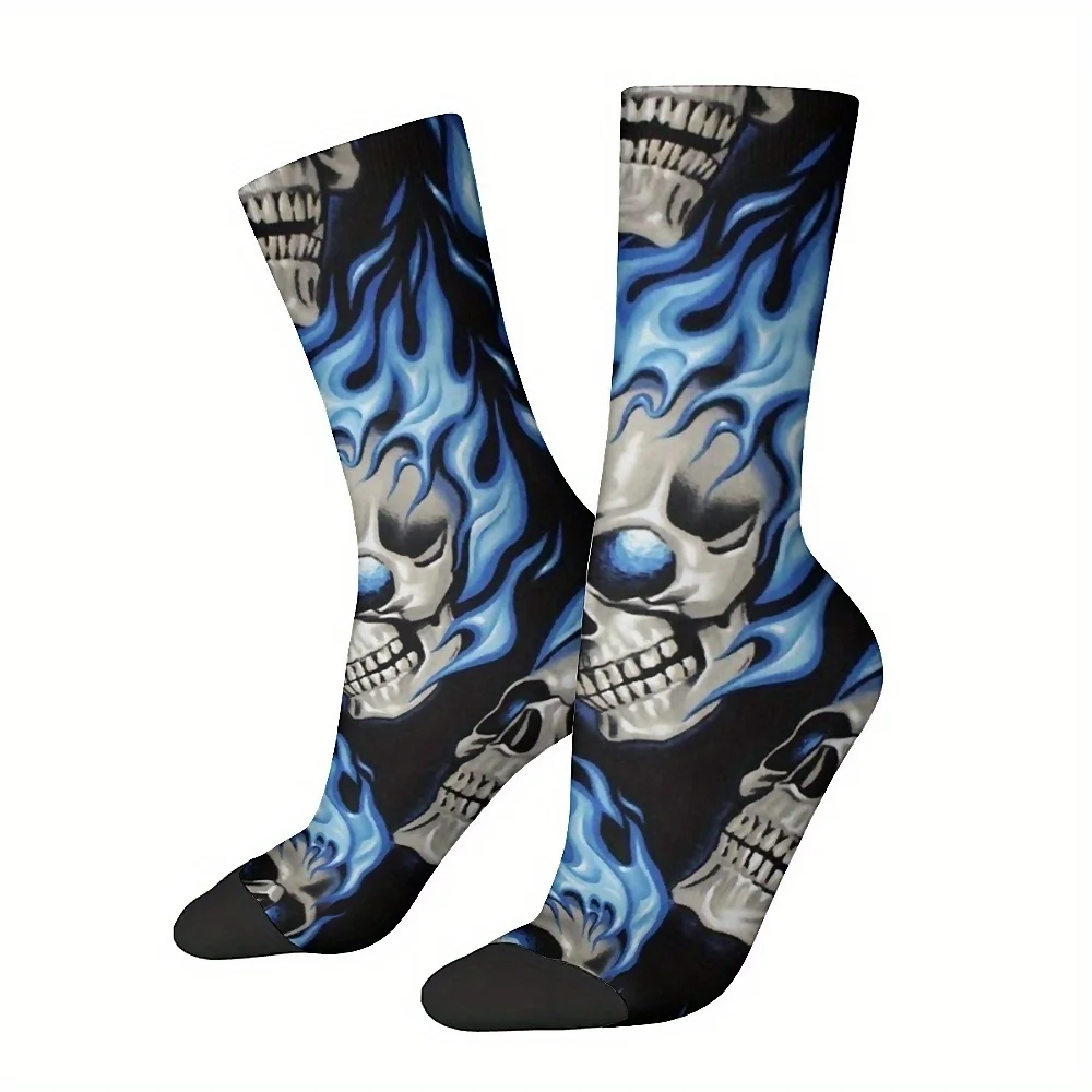 Blue Flame Skull Print Crew-Length Hosiery for Men and Women, Knit Polyester Fabric with Spandex, Machine Washable,