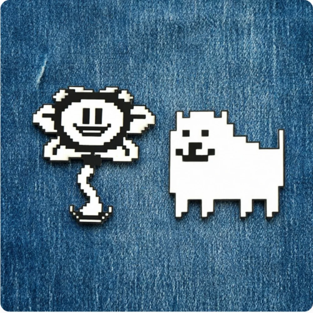 2Pcs/set Undertales Enamel Pins Game Brooches Lapel Badges Cartoon Gift Pixel dog leftover flower cartoon Flowey