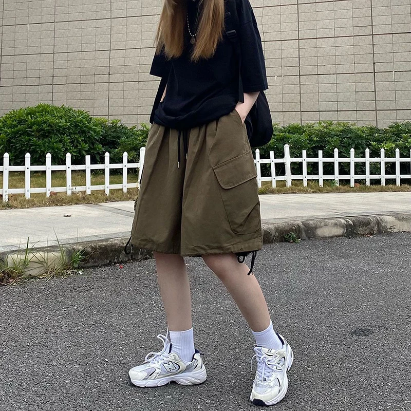 GIDYQ Vintage Women Cargo Shorts American Streetwear Loose Wide Leg Pants Harajuku Casual Female Big Pocket Shorts Summer New