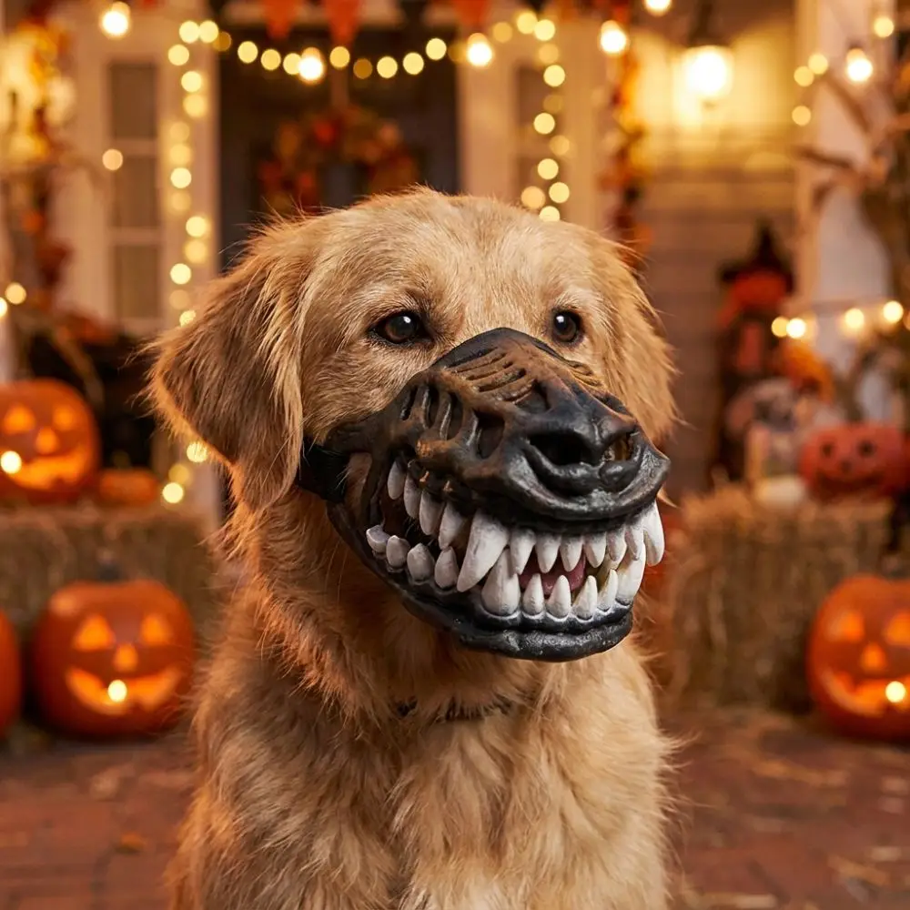 Vintage Halloween-Hundemasken mit beweglichen Zähnen, verstellbaren Riemen, Latex-Halbgesichtsmaske für Hunde, reißfest, realistische Zähne – Detail 4