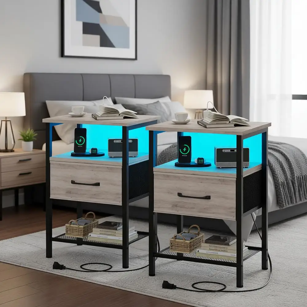 

3-Tier LED Nightstand with Charging Station and Fabric Drawer for Bedroom in Greige