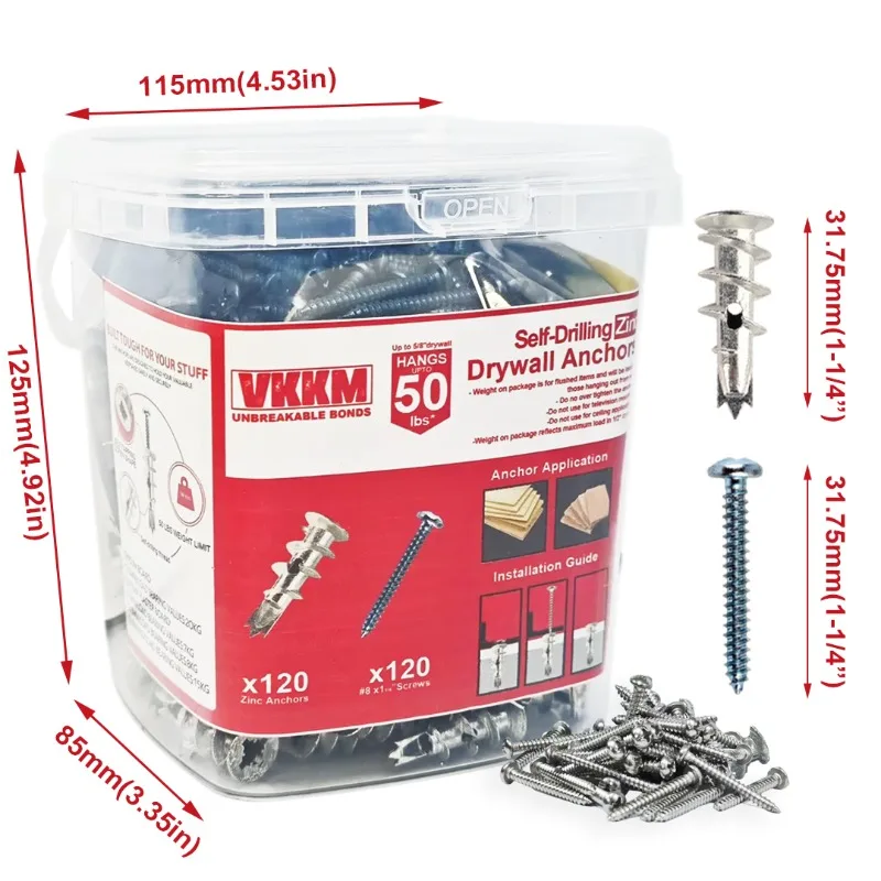 VKKM مثبتات الحوائط الجافة ذاتية الحفر من الزنك - 120 مرساة و120 # براغي 8*1-1/4، تحمل ما يصل إلى 50 رطلاً لتركيب آمن على الحائط الداخلي #1
