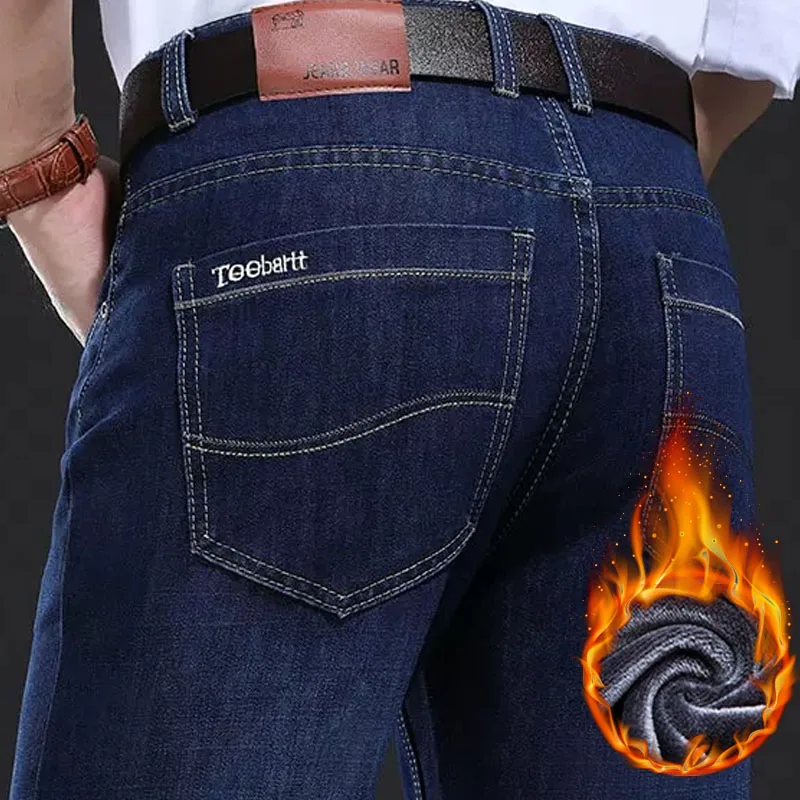 Male Winter Thermal Thick Fleece Straight Jeans Stretch Washed Pants Fashion Pockets Soft Comfort Warm Business Casual Trousers