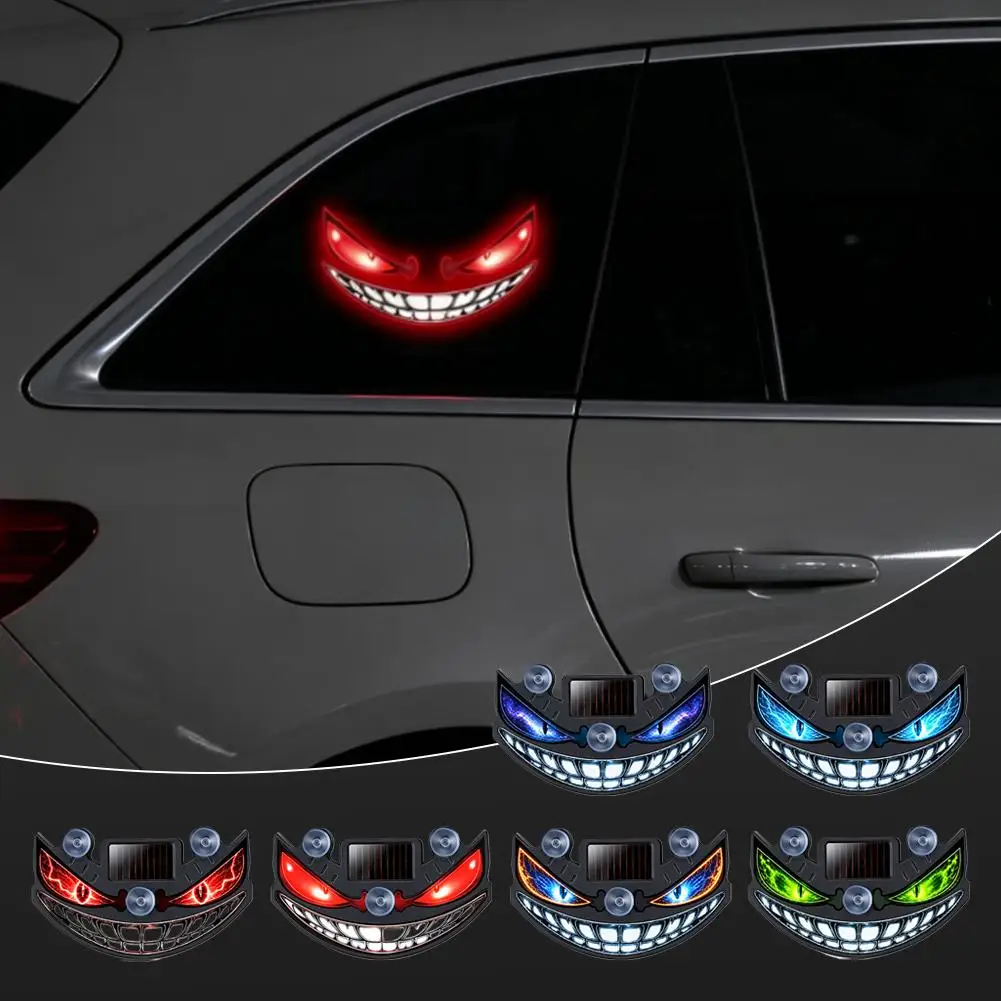 Auto Light Sensor Solar LED Devil's Face Car Warning Strobe Light MultiColor Flashing Safety Lamp Suction Cup Windshield Install