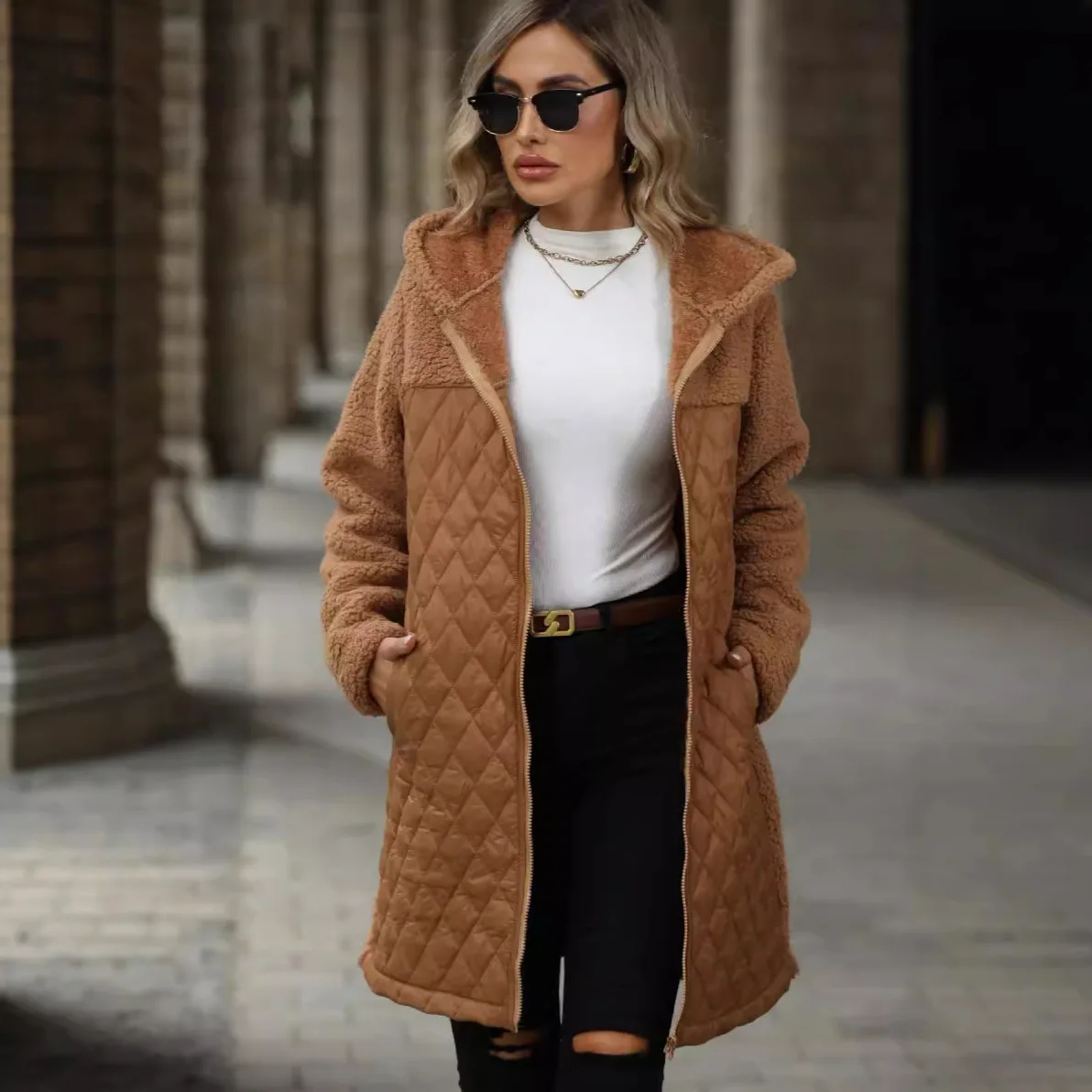Women Mid Length Coat Hooded Fluffy Splice Jackets Zipper Full Sleeve Thick Y2k Streetwear Argyle Work Casual Jacket 2026 Autumn